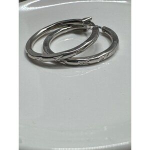 Silver Toned Hoop Earrings With Etched Design 1.5" Diameter
